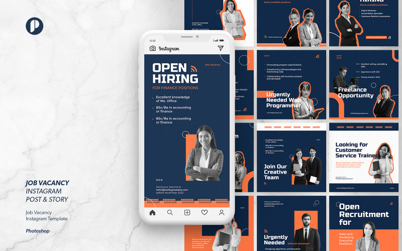Deep Blue Orange Professional Job Vacancy Instagram Template Social Media