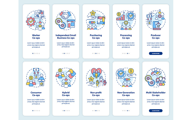 Business Cooperatives Types Onboarding Mobile App Screen Set UI Element