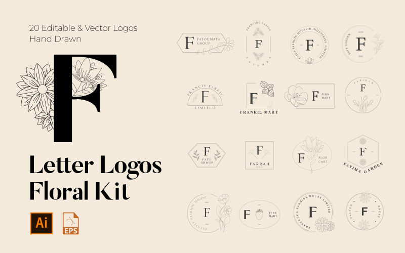 F Letter Floral Handmade Logos kit Logo Template