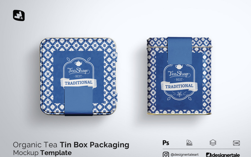 Organic Tea Tin Box Packaging Mockup Product Mockup