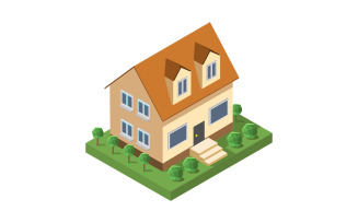 Isometric house illustrated and colored on a white background