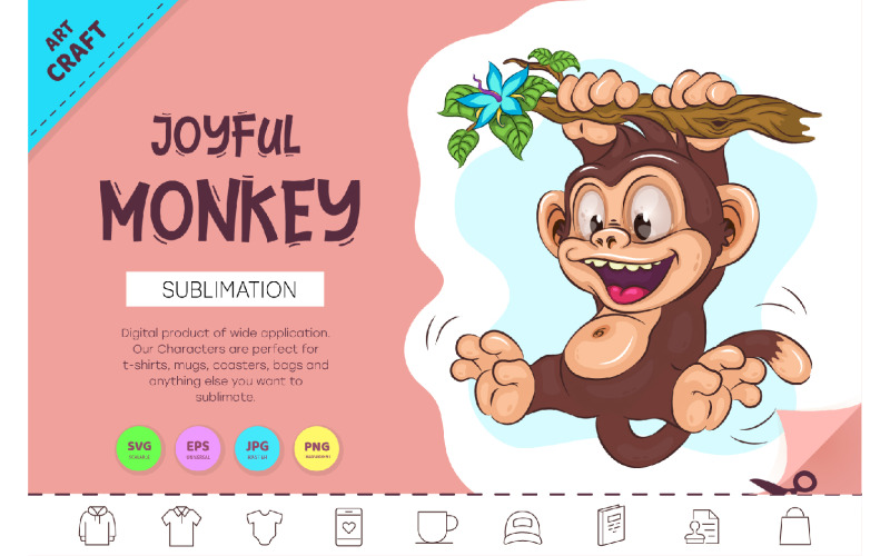Joyful Cartoon Monkey. Crafting, Sublimation. Vector Graphic