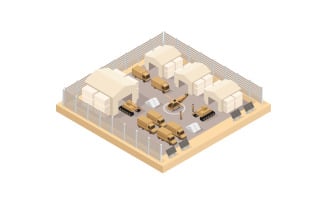 Vectorized isometric military barracks on a white background