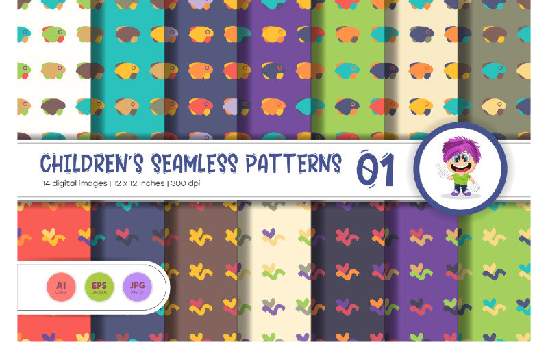 Cute Baby Seamless Patterns 01. Digital Paper Vector Graphic