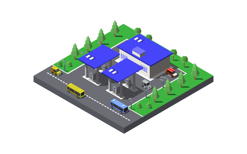 Isometric gas station illustrated in vector Vector Graphic