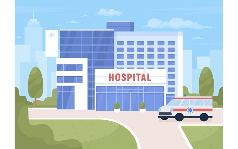 Ambulance near hospital on city street illustration Illustration