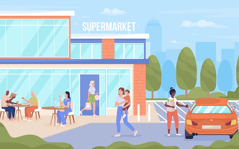 People visiting urban supermarket illustration Illustration