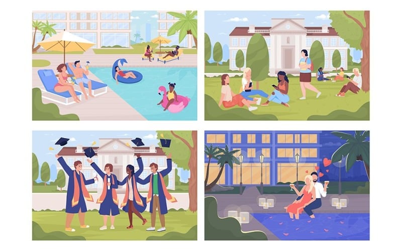 Public and private places in city illustrations set Illustration