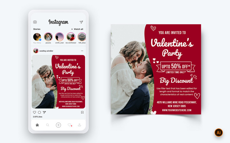 Valentines Day Party Social Media Instagram Post Design Template-11