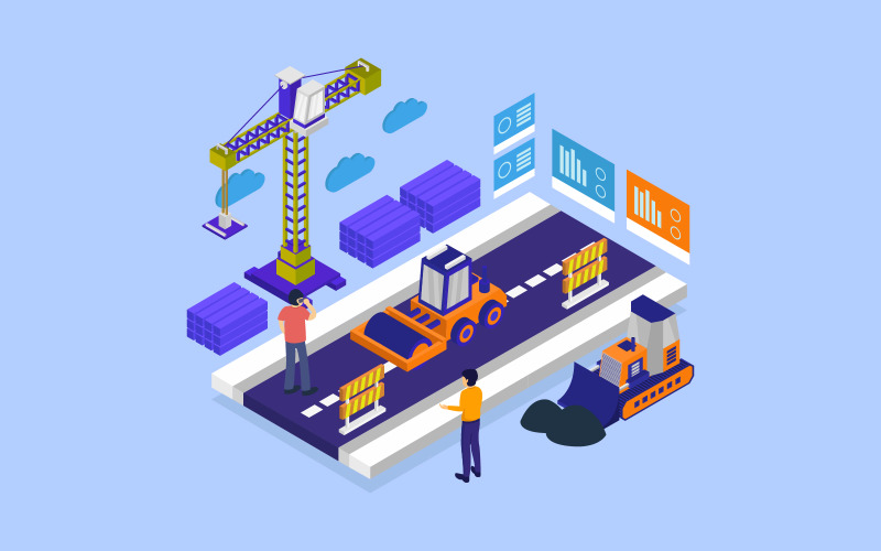 Isometric infrastructure development illustrated in vector on a white background Vector Graphic