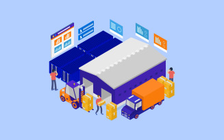Isometric logistic warehouse illustrated in vector on a white background