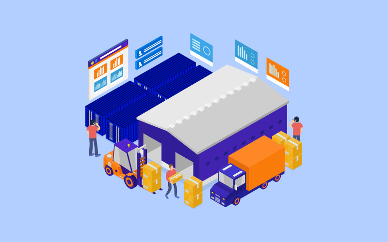 Isometric logistic warehouse illustrated in vector on a white background Vector Graphic