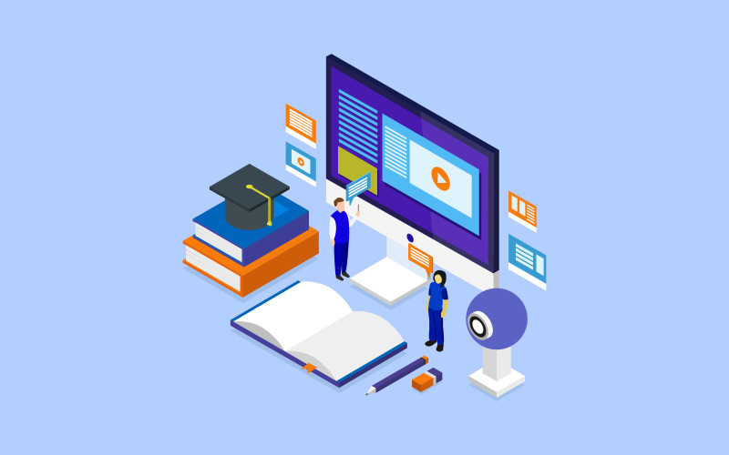 Online education isometric illustrated in vector on a white background Vector Graphic