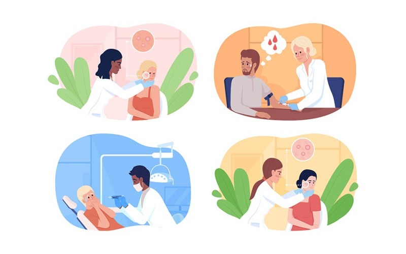Patients at appointment with doctor illustrations set Illustration