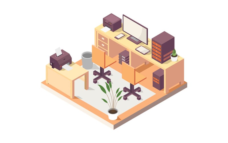 Isometric office desk illustrated in vector on background Vector Graphic