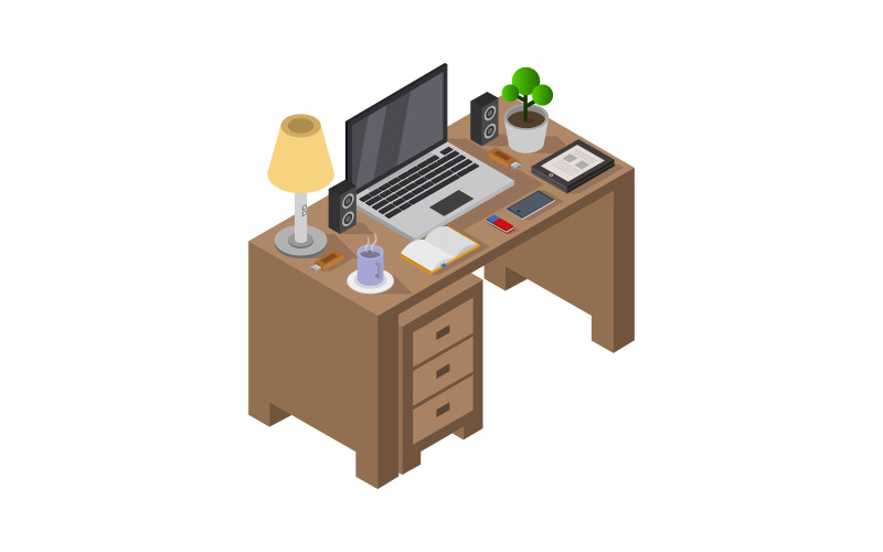 Isometric office desk illustrated in vector Vector Graphic