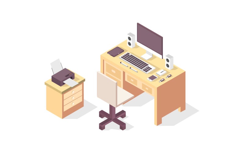 Isometric office desk in vector on background Vector Graphic