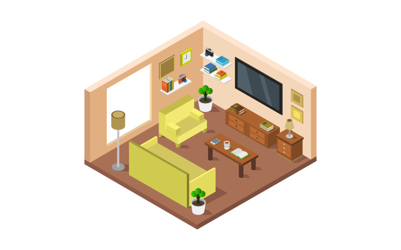 Living room isometric illustrator in vector on background Vector Graphic