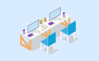 Isometric office desk illustrated in vector on a white background