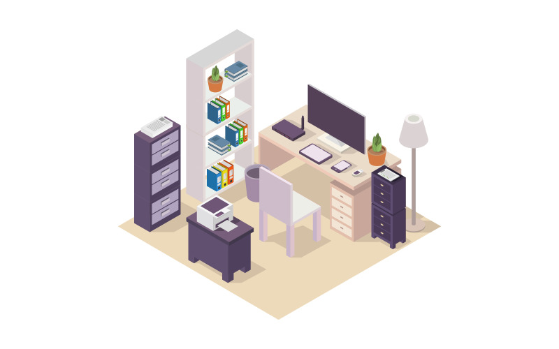 Isometric office desk illustrated on background Vector Graphic