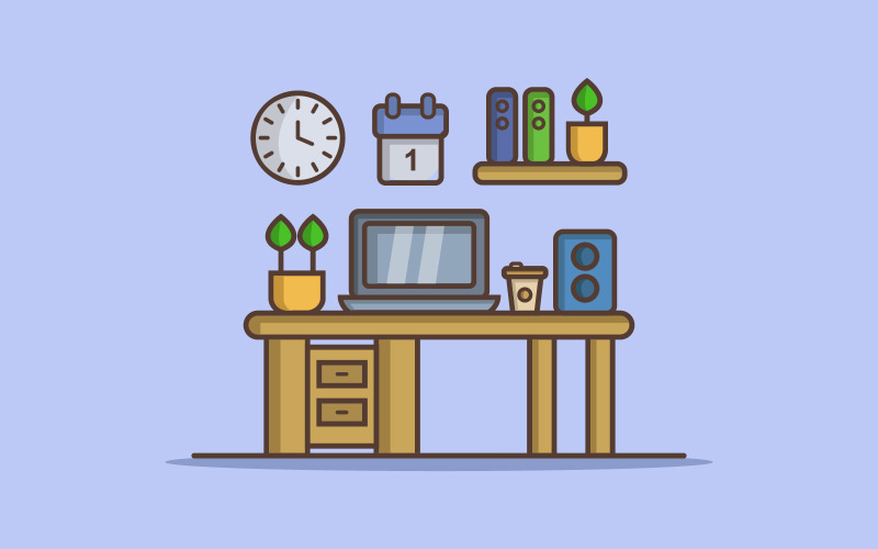 Office desk illustrated in vector on a white background Vector Graphic