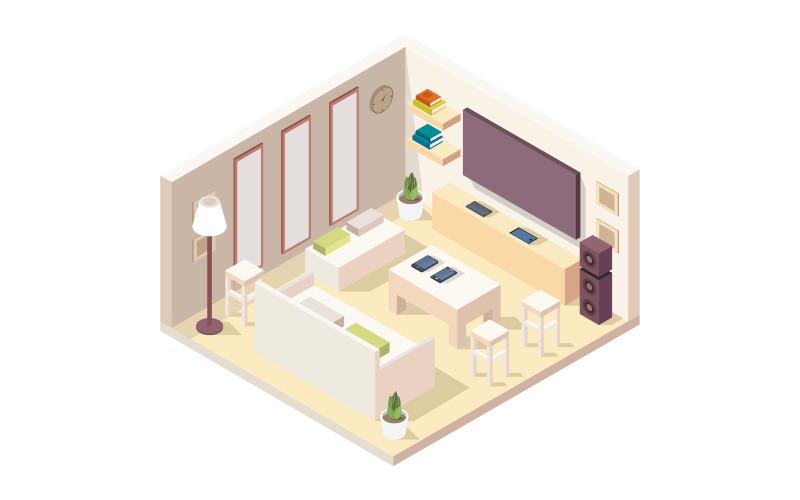 Living room isometric illustrator in vector on a white background Vector Graphic