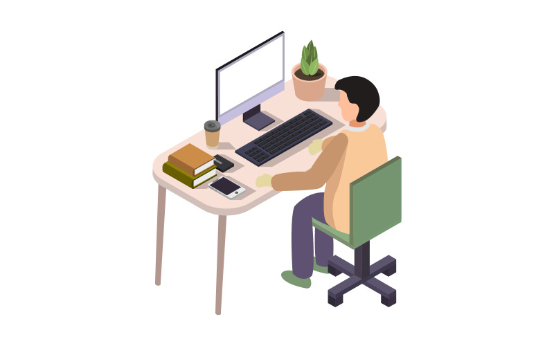 Studying online isometric in vector on background Vector Graphic