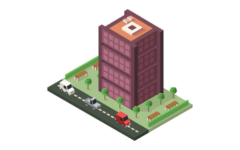 Isometric office building illustrated in vector on background Vector Graphic