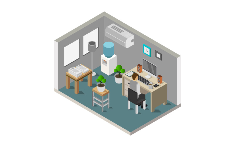 Isometric office illustrated in vector on background Vector Graphic