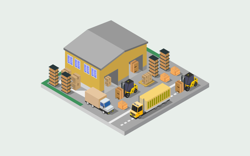 Isometric warehouse illustrated and colored in vector on background Vector Graphic