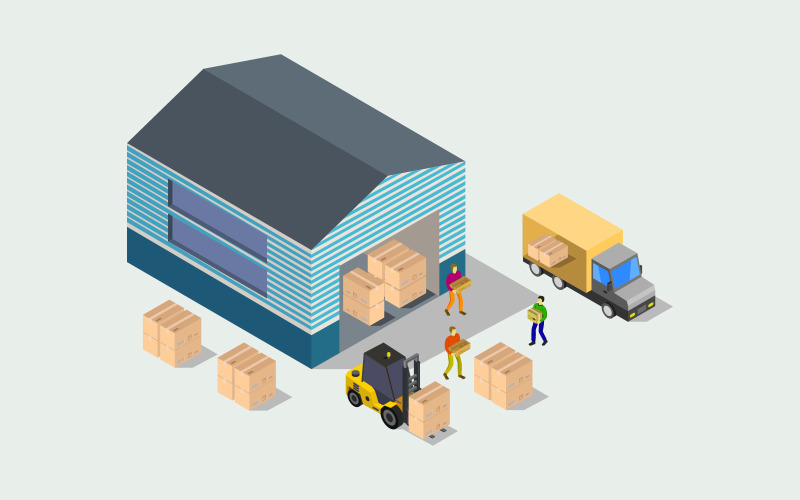 Isometric warehouse illustrated in vector on a background Vector Graphic