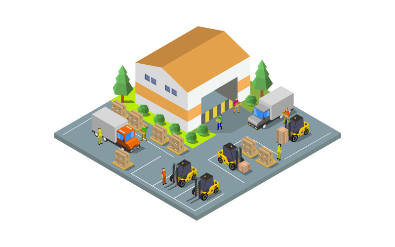 Isometric warehouse illustrated in vector on white background Vector Graphic