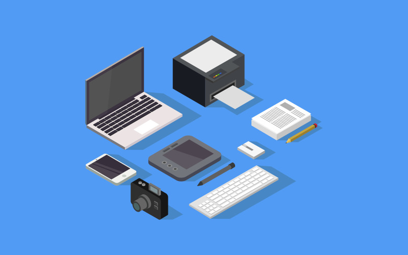 Isometric workspace illustrated in vector on background Vector Graphic