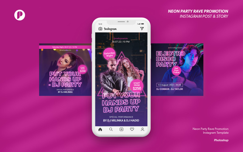 Dark Violet Neon Party Rave Promotion Instagram Template Social Media