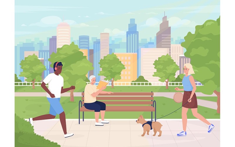 Metropolitan park with visitors color vector illustration Illustration