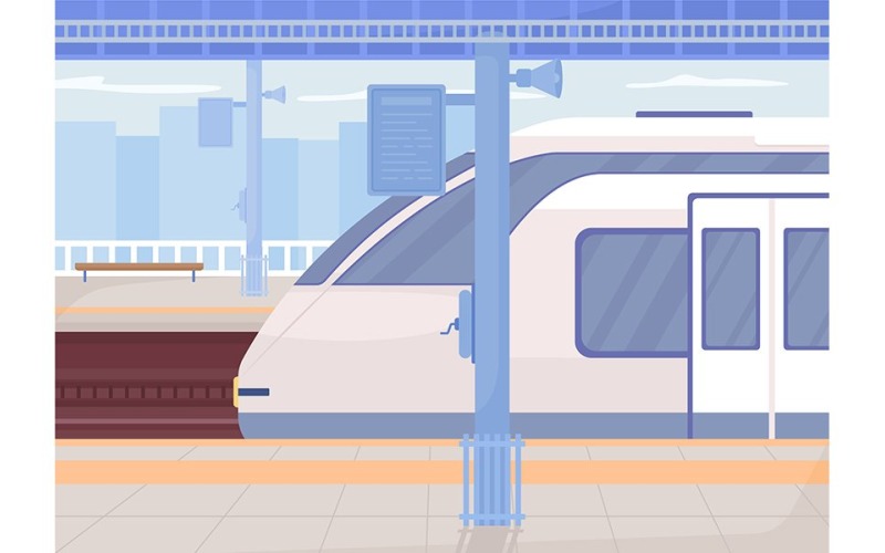 Train station platform flat color vector illustration Illustration