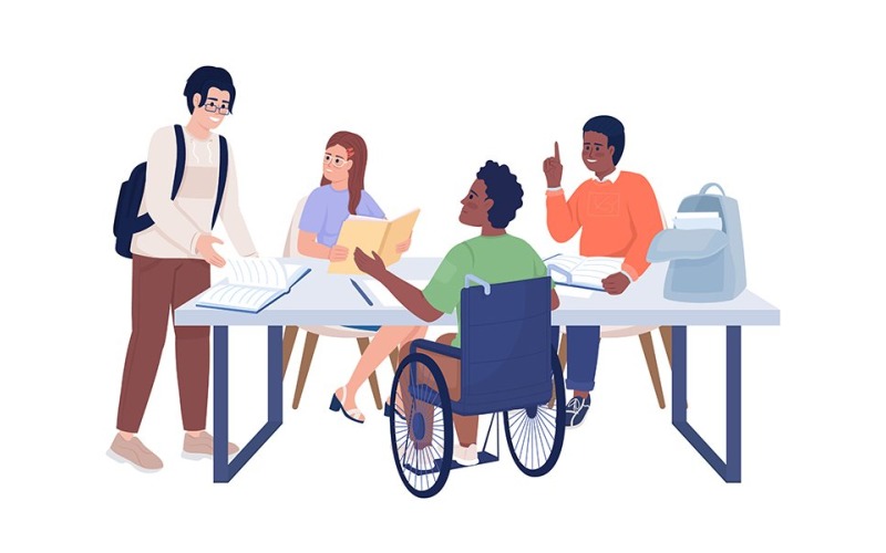 Group of school children flat color vector characters Illustration