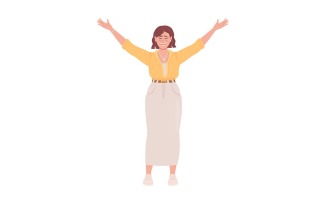 Joyful woman raising up hands flat color vector character