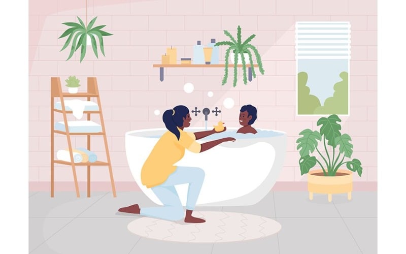 Mother bathing her son flat color vector illustration Illustration