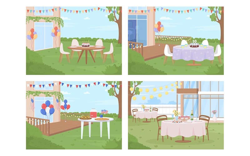 Backyard party arrangement color vector illustration set Illustration