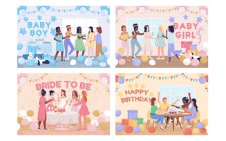 Home party flat color vector illustration set