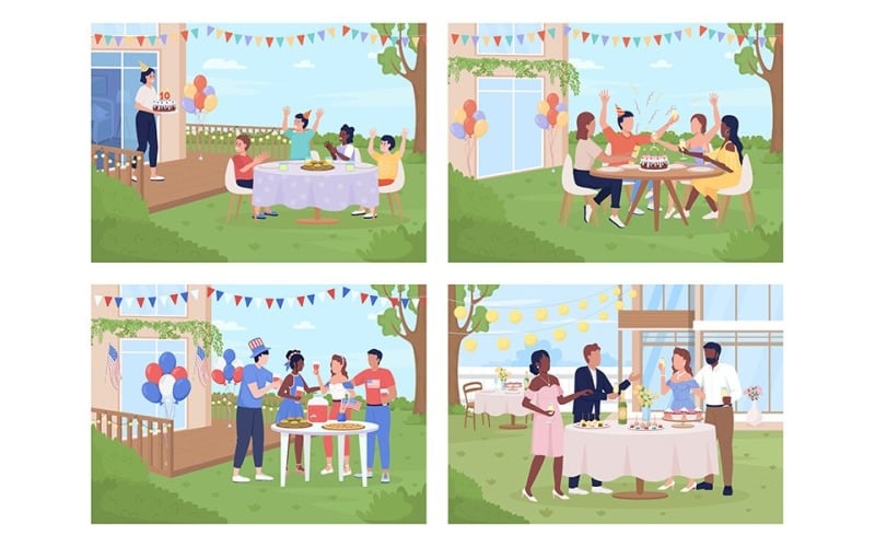 Outdoor party flat color vector illustration set Illustration