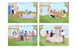Outdoor party flat color vector illustration set