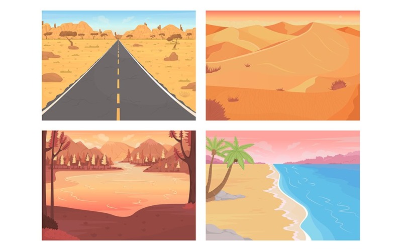 Summer landscapes color vector illustration set Illustration