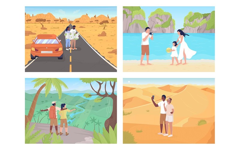 Travel destinations with friends and lovers color vector illustration set Illustration