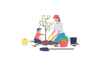 Family planting tree together flat color vector faceless characters