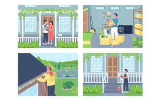 Residential life, spring home cleaning color vector illustration set