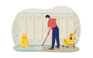 School janitor in the corridor vector isolated illustration
