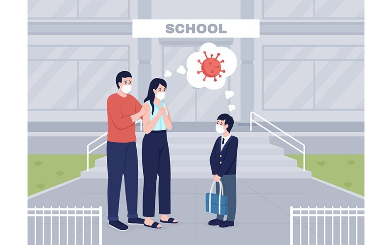Worried parents see their son off to lessons color vector illustration Illustration