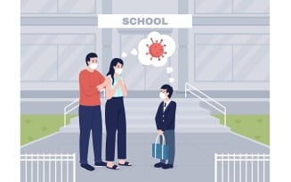 Worried parents see their son off to lessons color vector illustration